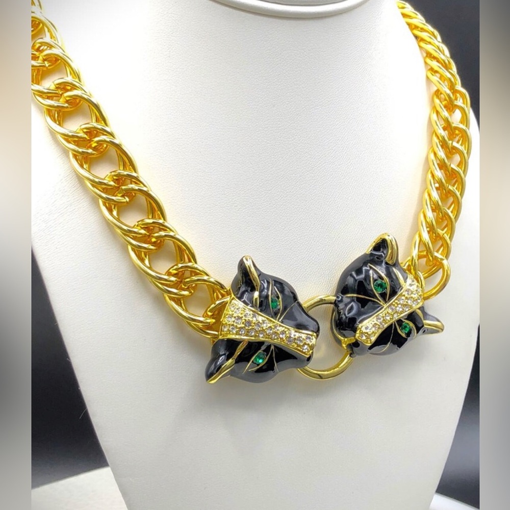 Vintage Black Panther Runway Necklace 1980s Doorknocker Enamel Crystal Jaguars